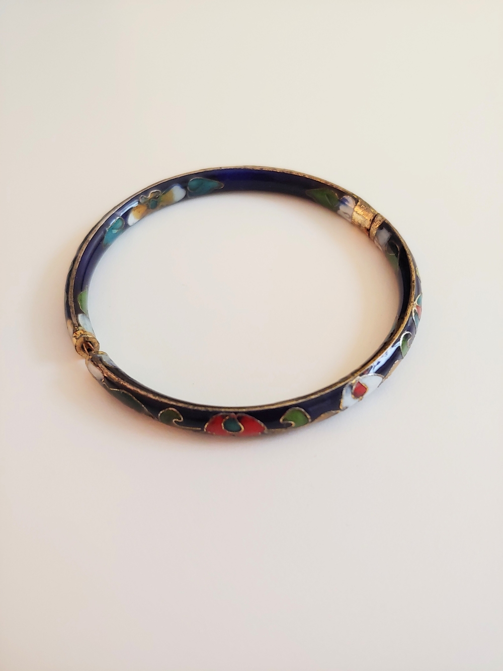Hand-Painted Navy Cloisonné Floral Enamel Bangle Bracelet
